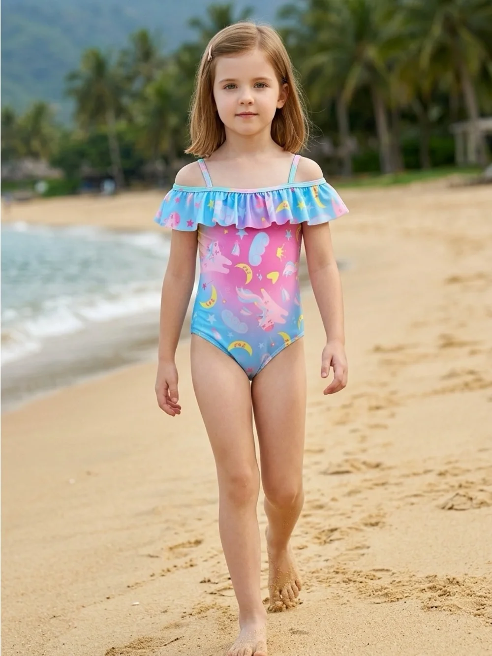 🚘 🆕 Ruffled Pink & Blue Kids One-Piece Swimsuit with Unicorn Print 6 yr